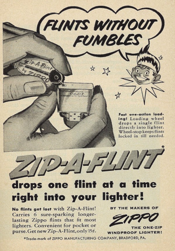 215 5 Vintage 1950s magazine advertisement, Zippo Zip-A-Flint lighter, 1952.jpg